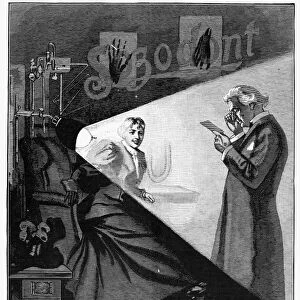 A dentist examining the X-rays of a patient who uses Sozodont toothpaste. British newspaper advertisement, 1896