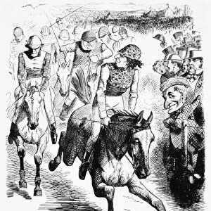 The Derby, 1867. Dizzy Wins With Reform Bill. A cartoon by Sir John Tenniel, 1867, from Punch showing Benjamin Disraeli finishing just ahead of William Gladstone in the Reform Derby