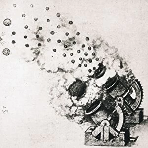 Detail of design by Leonardo da Vinci for cannon with exploding projectiles
