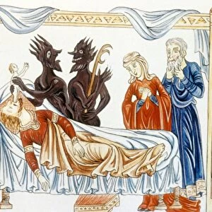 DEVIL TAKING A SOUL, 12th C. The devil takes the soul of a dying man