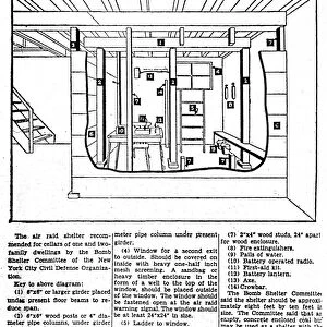 Diagram of a basement bomb shelter recommended for one and two-family dwellings by the New York City Civil Defense Organization, c1955