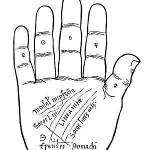 Diagram of planetary positions in the right hand. Woodcut from de Indagines Chiromantia, Strassburg, Germany, 1531