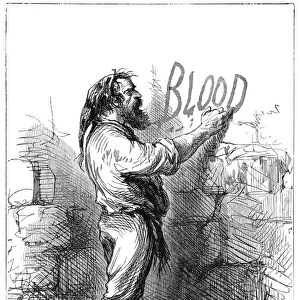 DICKENS: TWO CITIES. He scrawled upon a wall with his finger dipped in muddy wine-lees - blood. Wood engraving from a 19th century American edition of the Charles Dickens novel, A Tale of Two Cities