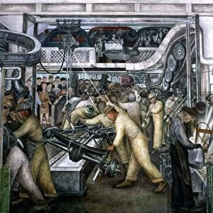 DIEGO RIVERA: DETROIT. The central scene in Diego Riveras mural, depicting the American automobile industry at The Detroit Institute of Arts, 1932-1933