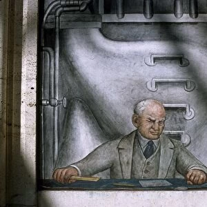 DIEGO RIVERA: HENRY FORD. Detail from Diego Riveras mural depicting the American automobile industry at The Detroit Institue of Arts, 1932-1933