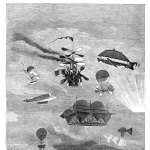 Different Systems of Sailing in the Air. Featuring the inventions of: 1. Alban 2. Petin 3. Henin 4. Helle 5. Julien and Sanson 6. Jarcot 7. Teisol 8. Moreau-Seguin 9. Nadar. Wood engraving, American, 1864