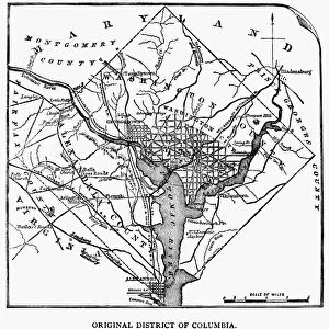 DISTRICT OF COLUMBIA, 1801. Plan of the District of Columbia, including the cities of Washington, Georgetown and Alexandria, according to the Organic Act of 1801. Wood engraving, 1886