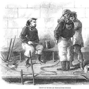 DIVERS, 1861. Group of divers at Westminster Bridge, London. English wood engraving, 1861