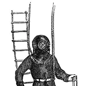 DIVING SUIT, 1855. Diving suit designed by August Siebe, demonstrated at the Paris Exhibition of 1855: wood engraving from a contemporary English newspaper