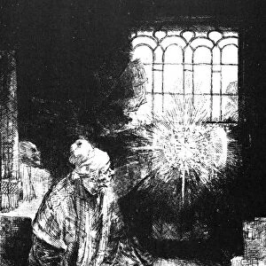 Doctor Johann Faust watching a magic disc in his study. Etching, 1652, by Rembrandt van Rijn