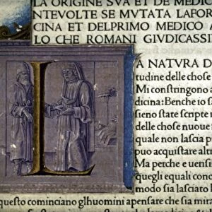 Doctor taking a patients pulse: illumination from Italian manuscript of Plinys Natural History, 1476