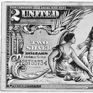 TWO DOLLAR BILL, 1896. A two dollar silver certificate issued by the U. S. Government in 1896