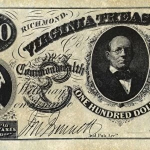 One hundred dollar bill issued by the Commonwealth of Virginia at Richmond, 15 October 1862. A portrait of George Washington is on the left
