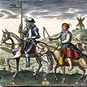 DON QUIXOTE and Sancho Panza. Copper engraving from an early 17th century edition of Miguel de Cervantes Don Quixote