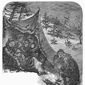 DONNER PARTY, 1846-47. Members of the Donner Party, trapped by snow in a Sierra Nevada pass, huddle to keep warm during the winter of 1846-47. Wood engraving, American, 19th century
