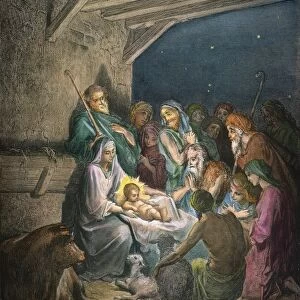 DOR├ë: THE NATIVITY. Shepherds behold the newborn Jesus (Luke 2: 16). Wood engraving, 19th century, after Gustave Dor