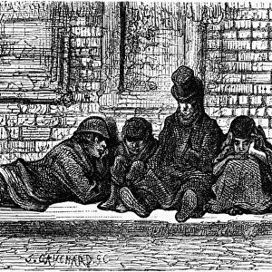 DORE: LONDON, 1872. Beggars on the street in London. Wood engraving after Gustave Dore