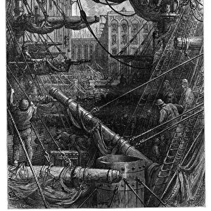 DORE: LONDON, 1872. Inside the Docks. Wood engraving after Gustave Dore