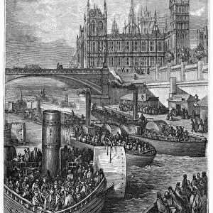 DORE: LONDON: 1872. Westminster Stairs - Steamers Leaving. A boat race on the Thames River