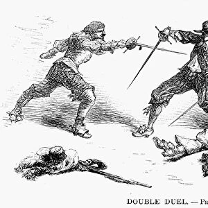 DOUBLE DUEL. Line engraving, 19th century