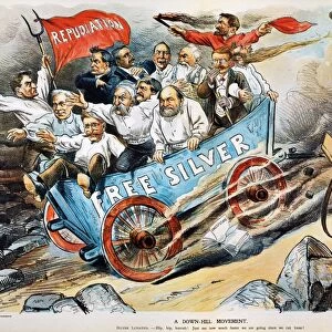 A Down-Hill Movement : Pitchfork Ben Tillman, William Jennings Bryan, and John P. Altgeld are the most prominent Free Silverites headed for destruction in this 1896 cartoon by C. Jay Taylor