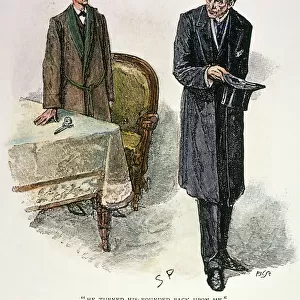 DOYLE: SHERLOCK HOLMES. Sherlock Holmes (left) concludes an interview with the Napoleon of crime, Professor Moriarty. Wood engraving after a drawing by Sidney Paget for Sir Arthur Conan Doyles The Adventure of the Final Problem, 1893