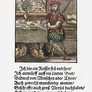 DRAFTSMAN, 1568. A draftsman, designer of wood blocks and copper plates for printing