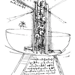 Drawing, c1486-90, of a standing ornithopter. A man standing in a bowl-shaped aircraft operates four beating wings by means of a massive transmission of hand-and-foot operated rums, treadles, and the like