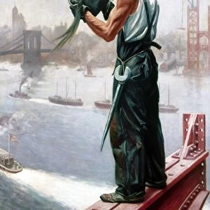 A Drink of Water. A construction worker on the Manhattan bridge stops for a drink of water. Oil on canvas by Gerrit A. Beneker, 1911