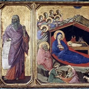 DUCCIO: NATIVITY. Nativity with the Prophets Isaiah and Ezekiel. Wood, 1308-1311, by Duccio di Buoninsegna