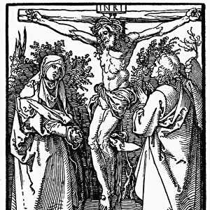 DURER: CRUCIFIXION. Christ on the cross with the Virgin and Saint John. German woodcut