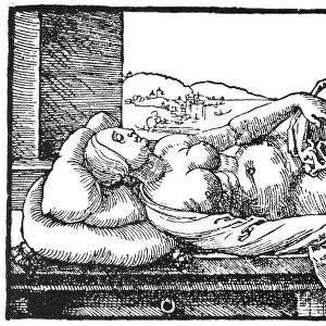 DURER: MEASUREMENT. A man drawing a recumbent woman, in foreshortening through