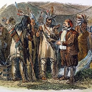 DUTCH TRADING. Dutch merchants trading with Native Americans in New Netherland (later New York) in the 17th century. Color engraving, 19th century