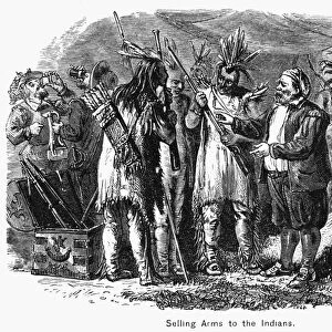 DUTCH TRADING WITH NATIVE AMERICANS. Dutch colonists trading with the Native Americans of New Netherland (later New York) in the 17th century. Engraving, 19th century