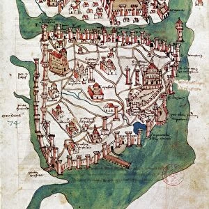 The earliest plan of Constantinople, drawn in 1420 by Cristoforo Buondelmonti of Florence, Italy, showing the Bosphorus and the Golden Horn
