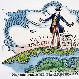 An early 20th century American cartoon on the Monroe Doctrine, proclaimed by President James Monroe in his message to Congress of 2 December 1823