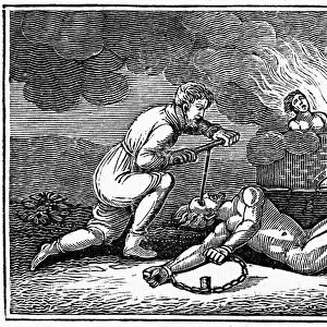 EARLY CHRISTIAN MARTYR. Primitive martyrdoms. Line engraving, 19th century