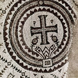 EARLY CHRISTIAN MOSAIC. Early christian mosaic on pavement of a church, depicting a cross