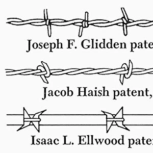 Three early types of American barbed wire (top to bottom): Joseph F. Glidden patent, 1874; Jacob Haish patent, 1875; and Isaac L. Ellwood patent, 1882