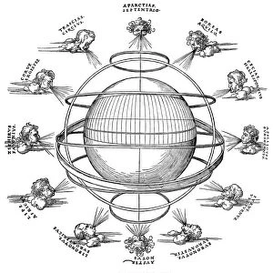 The Earth as the center of the universe, surrounded by the 12 wind gods. Woodcut by Albrecht Durer from Willibald Pirkheimers translation of Ptolemy, Geographicae enarrationes, published, 1525, by Johann Gruninger in Strassburg, Germany