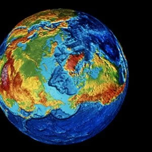 EARTH: TOPOGRAPHY. Digital image of the topography of the Earth, showing land and sea-floor elevations. This view is centered on the North Pole. Image created by the National Geophysical Data Center, c1991