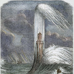 EDDYSTONE LIGHTHOUSE, 1759. The lighthouse at Eddystone, England, rebuilt by John Smeaton in 1759. Line engraving, French, 19th century