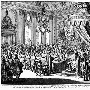 EDICT OF NANTES, 1685. King Louis XIV of France renouncing the Edict of Nantes, declaring Protestantism illegal in France, 1685. Line engraving, Dutch, 18th century