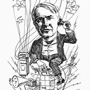 EDISON: TELEPHONE, c1880. Cartoon depicting Thomas Alva Edison as the inventor of the telephone. Wood engraving, c1880