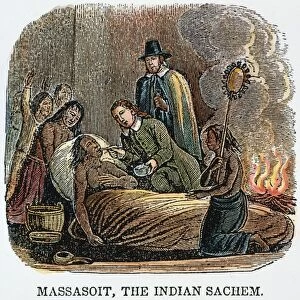 Edward Winslow and John Hambden of Plymouth Colony nursing Massasoit on his sickbed, 1623. Wood engraving, 1853