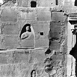 EGYPT: GREEK TABLETS, c1865. Greek inscriptions on the side of an ancient Egyptian building