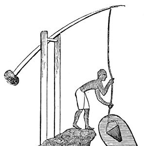 EGYPT: SHADOOF IRRIGATION. An Egyptian worker using a shadoof for irrigation. Line engraving, English, 19th century