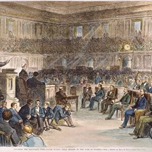 ELECTORAL COMMISSION, 1877. Florida Case. Rep. David Dudley Field appearing before the Electoral Commission created to resolve twenty disputed electoral votes, including four from Florida, in the 1876 presidential election between Republican Rutherford B. Hayes and Democrat Samuel Tilden. Wood engraving after Theodore Davis from Harpers Weekly, 1877