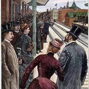 ELEVATED RAILWAY Opening of the first elevated railway in Brooklyn, May 1885. The railway ran from near Fulton Ferry on the East River to East New York: wood engraving from a contemporary American newspaper