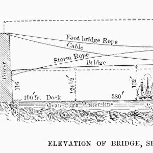 Elevation of the Brooklyn Bridge, showing temporary ropes used in cable-making. Line engraving, 19th century